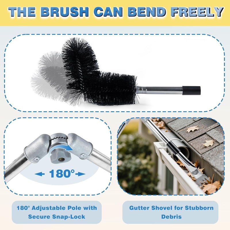 Krbnk 13FT Gutter Cleaning Tool from The Ground, No Ladder Needed - Adjustable Length Gutter Cleaner Pole with 180° Pivoting Head, Replaceable Brush & Shovel for Leaves, Debris - Image 3
